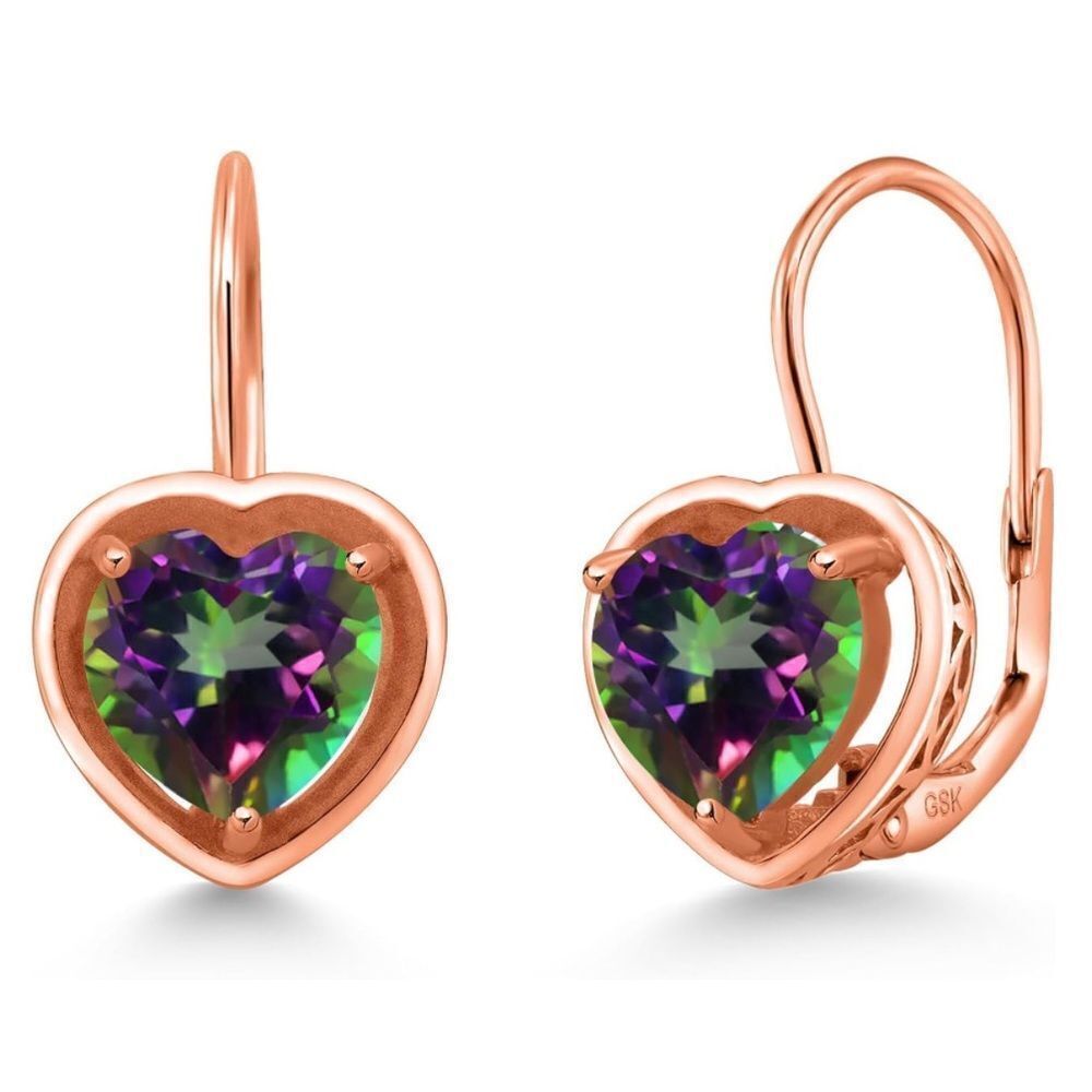 18K Rose Gold 925 with 3.00 Cttw 7MM Mystic Topaz Heart Leverback Drop Earrings
